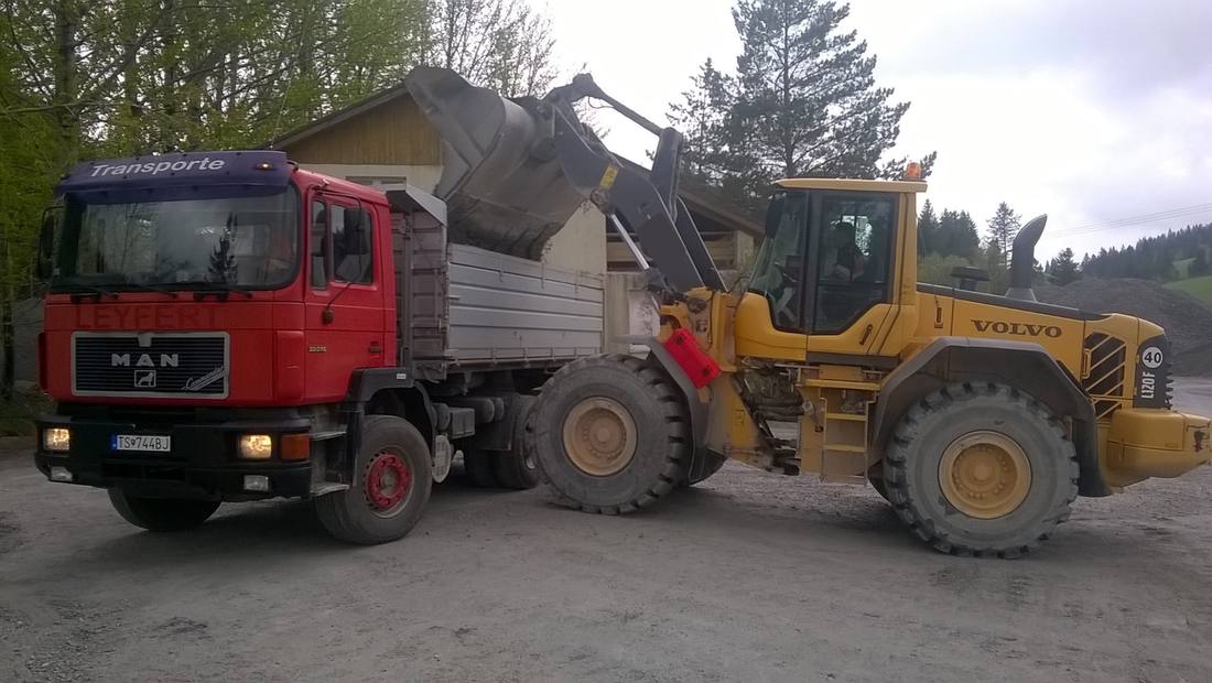 Sklápač MAN a kolesový nakladač pri nakladaní materiálu